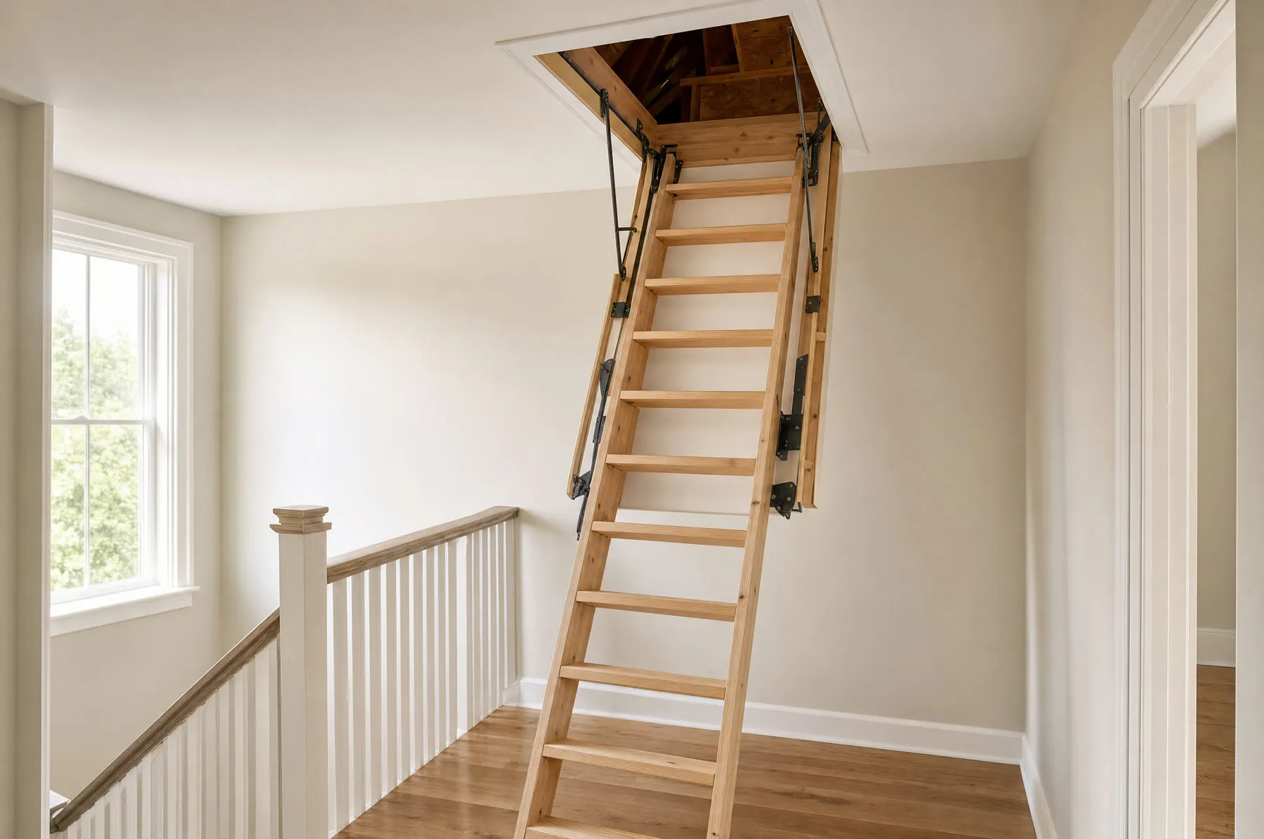 Escalera escamoteable de madera desplegada desde un hueco de techo sobre un rellano
