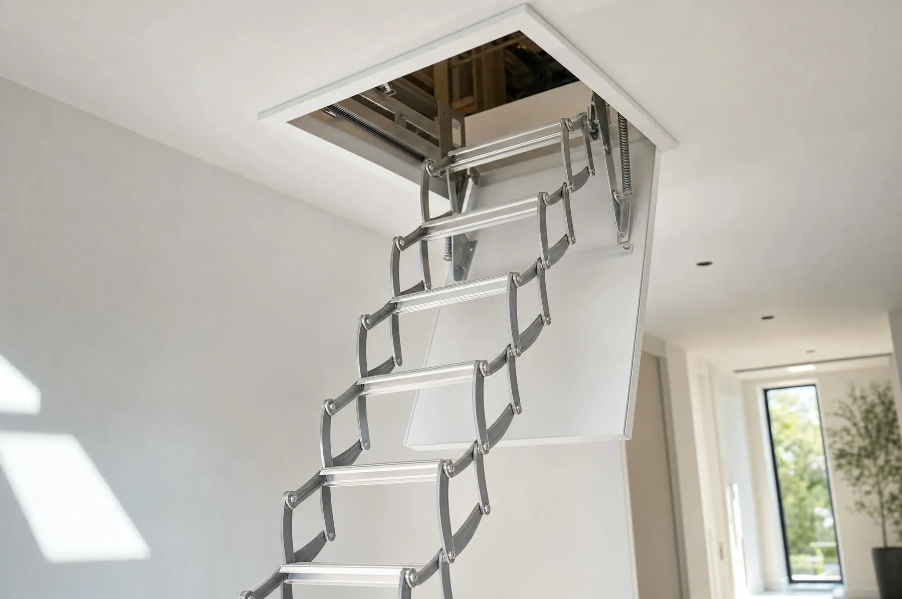 Escalera pantográfica de aluminio desplegada desde una trampilla de techo