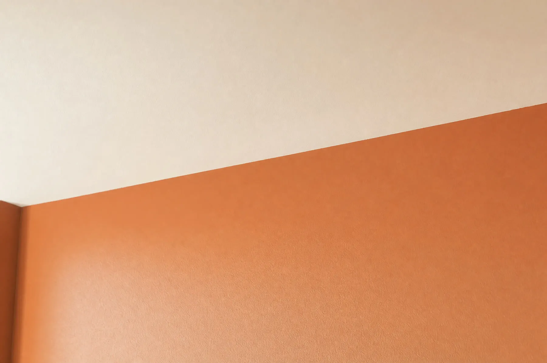 Corte limpio entre una pared en terracota y el techo blanco, con luz rasante sobre el paramento