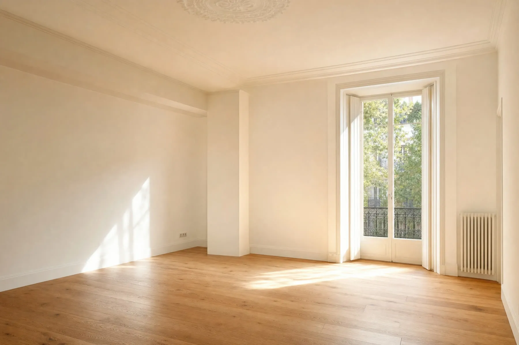 Salón vacío y luminoso con paredes y techo en liso mate blanco roto y suelo de madera