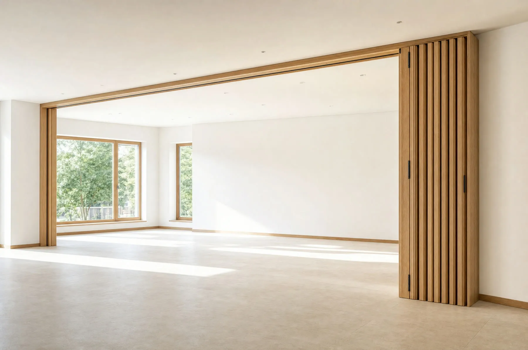 La misma sala con el tabique plegado contra la pared lateral y el espacio diáfano